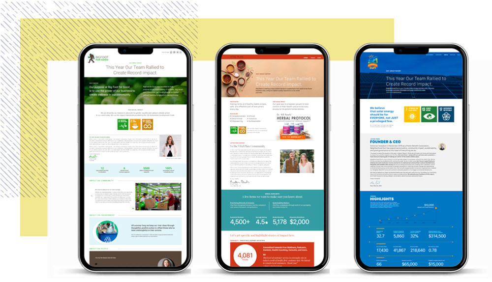 Three mobile phones displaying different impact reports