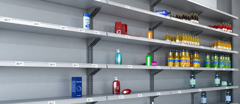 Empty shelves in a supermarket.
