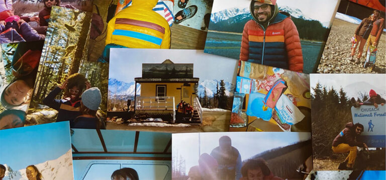 A collage of photos showing people being active outdoors in colorful clothing.