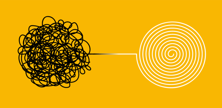 A knotted-up clump of squiggles that turns into an organized spiraled line.