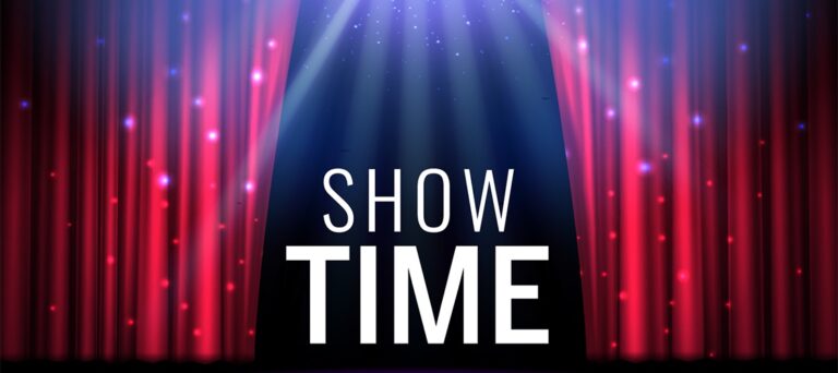 A stage with red curtains being pulled back to reveal the words "Show Time."