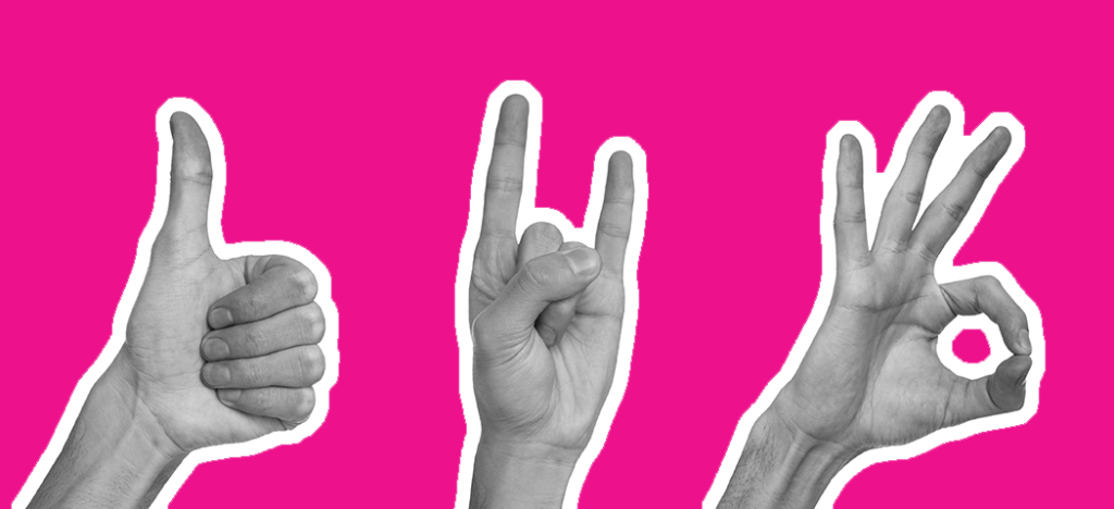 Hands making the thumbs up, rock on, and okay signs in front of a pink background.