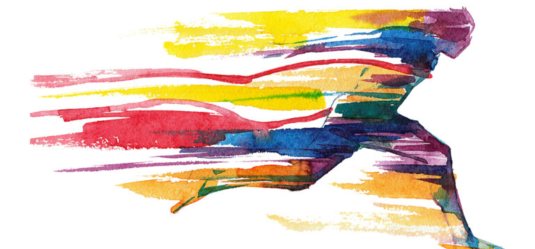 A watercolor illustration of a person sprinting. Colorful lines are flowing from their back.