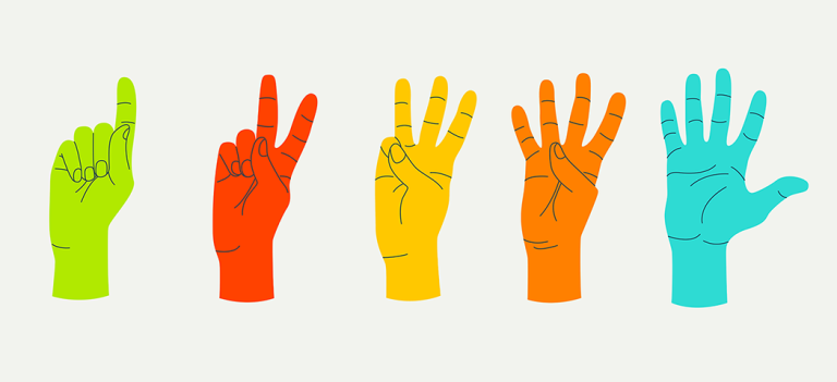 Five multi-colored hands holding up between one and five fingers. Illustration.