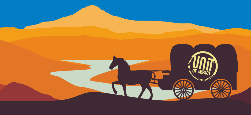 A horse drawing a covered wagon through a desert. The wagon has a Unit of Impact logo on the side. Illustration.
